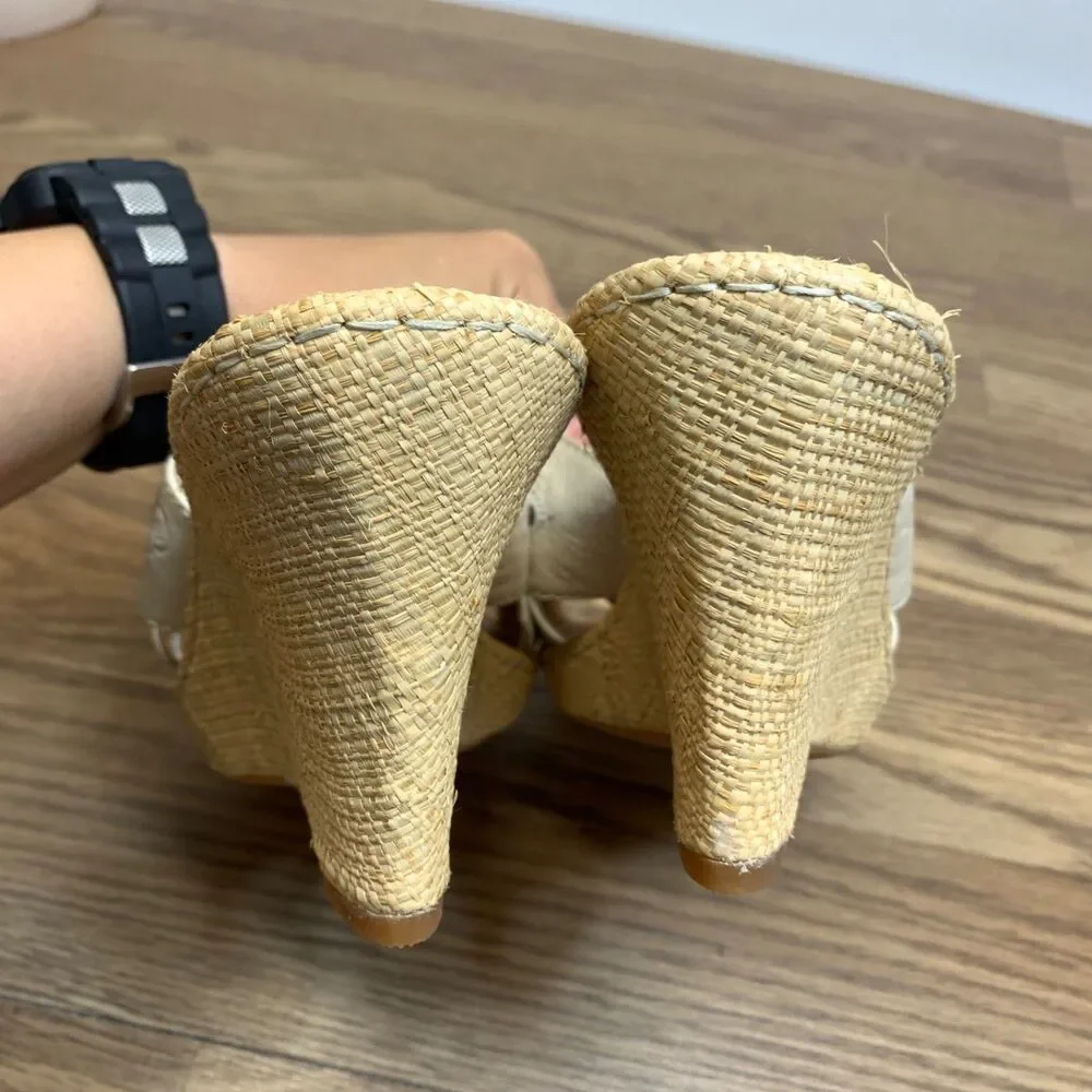 Born‎ TINKA Women's Wedge Sandals Ivory Leather Woven Platforms 11/43